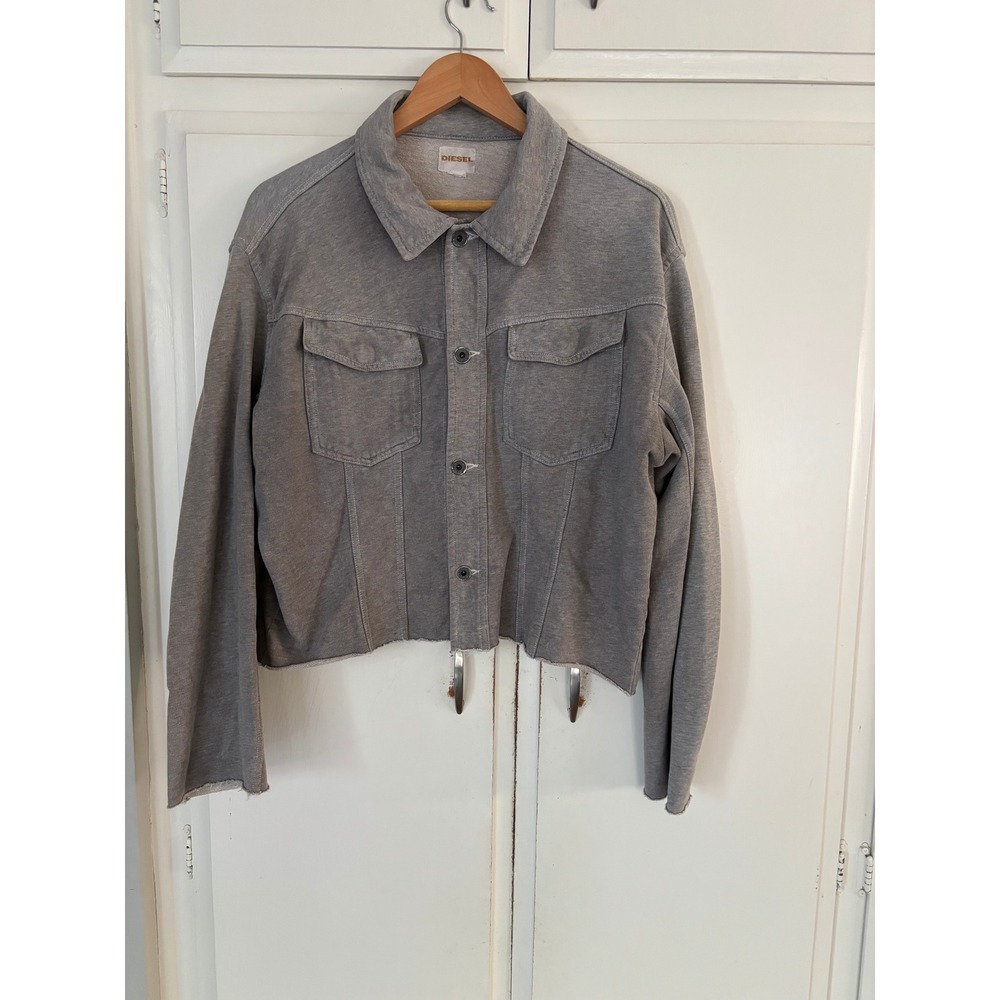 Diesel Grey Sweatshirt Trucker Jacket Cropped Raw Hem Button Front Women L